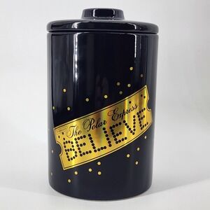 The Polar Express Believe‎ Ceramic Canister Navy Gold Ticket Zrike Brands 7.5in
